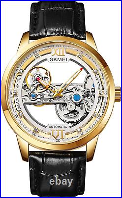 Automatic Mechanical Watches for Men-Skeleton Watches, Luxury Dress Leather Wate