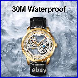 Automatic Mechanical Watches for Men-Skeleton Watches, Luxury Dress Leather Wate