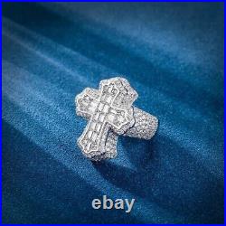 Baguette & Round Cut Natural Moissanite Cross Men's Ring In 925 Sterling Silver