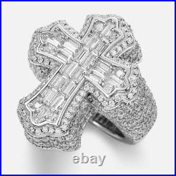 Baguette & Round Cut Natural Moissanite Cross Men's Ring In 925 Sterling Silver